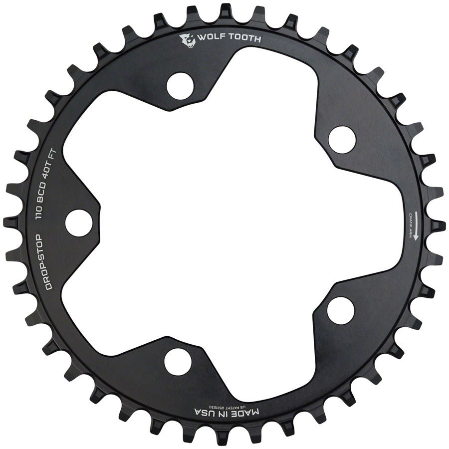 Wolf Tooth 110 BCD Cyclocross Road Chainring - 40t 110 BCD 5-Bolt Drop-Stop B 10/11/12-Speed Eagle Flattop Compatible BLK