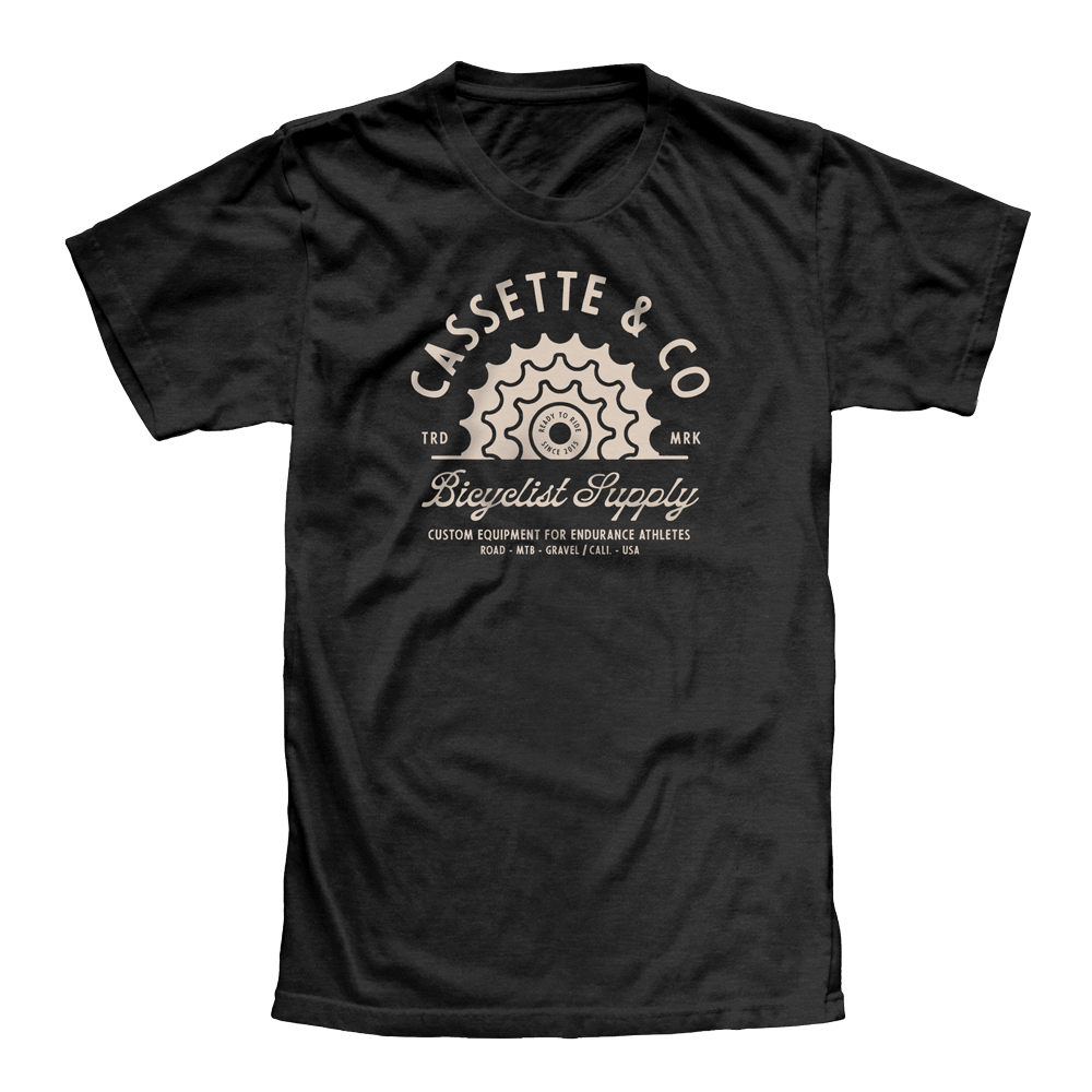 women's cycling tee by Cassette and Company that is black with one color print