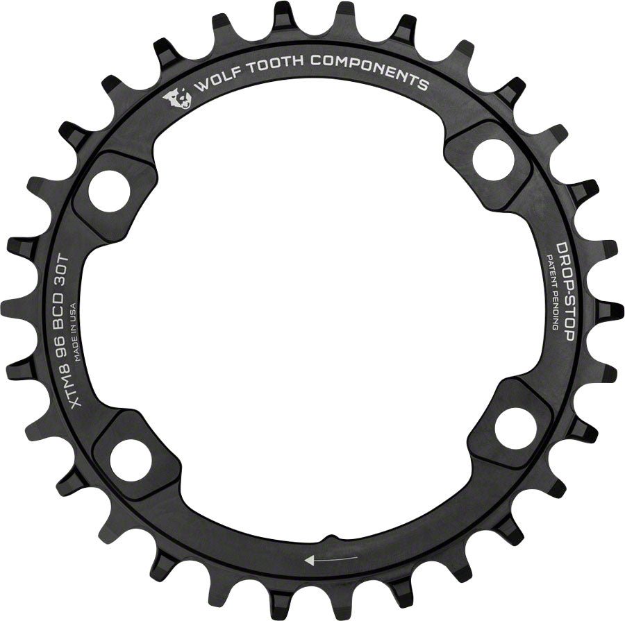 Wolf Tooth 96 BCD Chainring - 38t 96 Asymmetric BCD 4-Bolt Drop-Stop A For Shimano XT M8000 SLX M7000 Cranks BLK